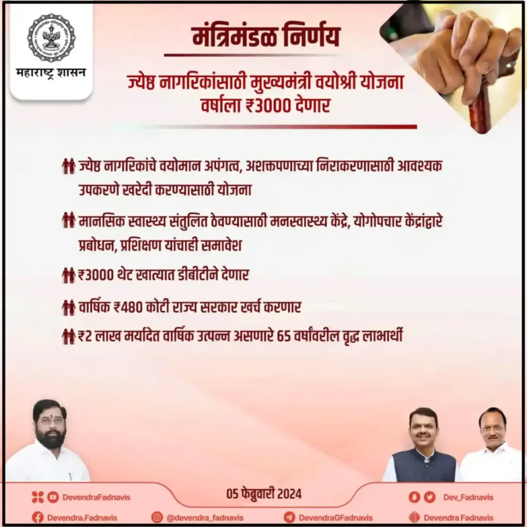 mukhyamantri vayoshri yojana : मुख्यमंत्री वयोश्री योजना जेष्ठ नागरिकांना मिळणार ३ हजार रुपये 4 mukhyamantri vayoshri yojana